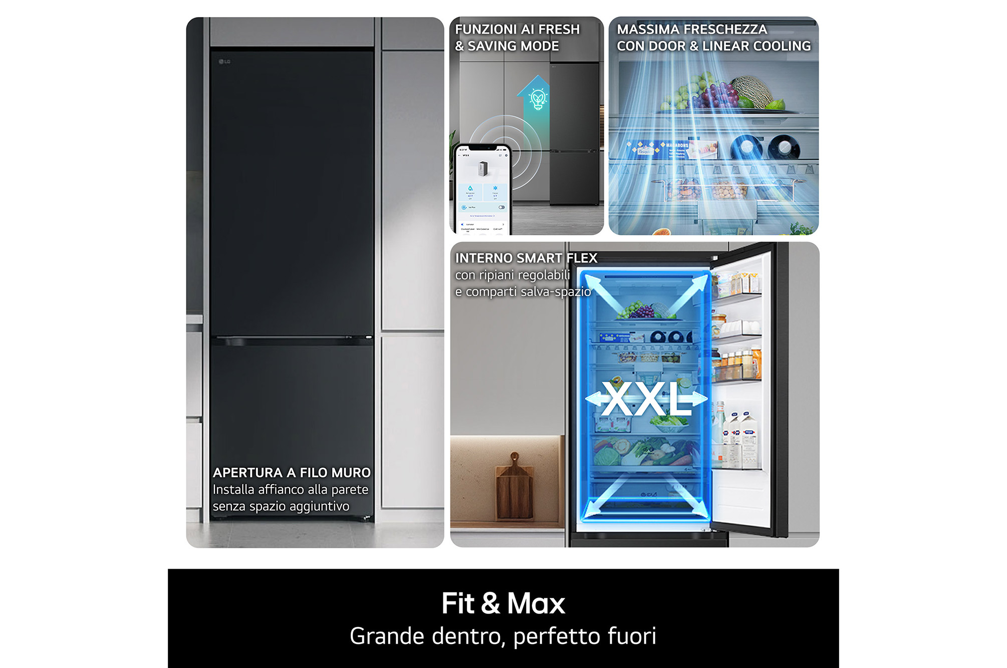Frigorifero LG: Interno Smart Flex, montaggio a filo muro, zone fresche.