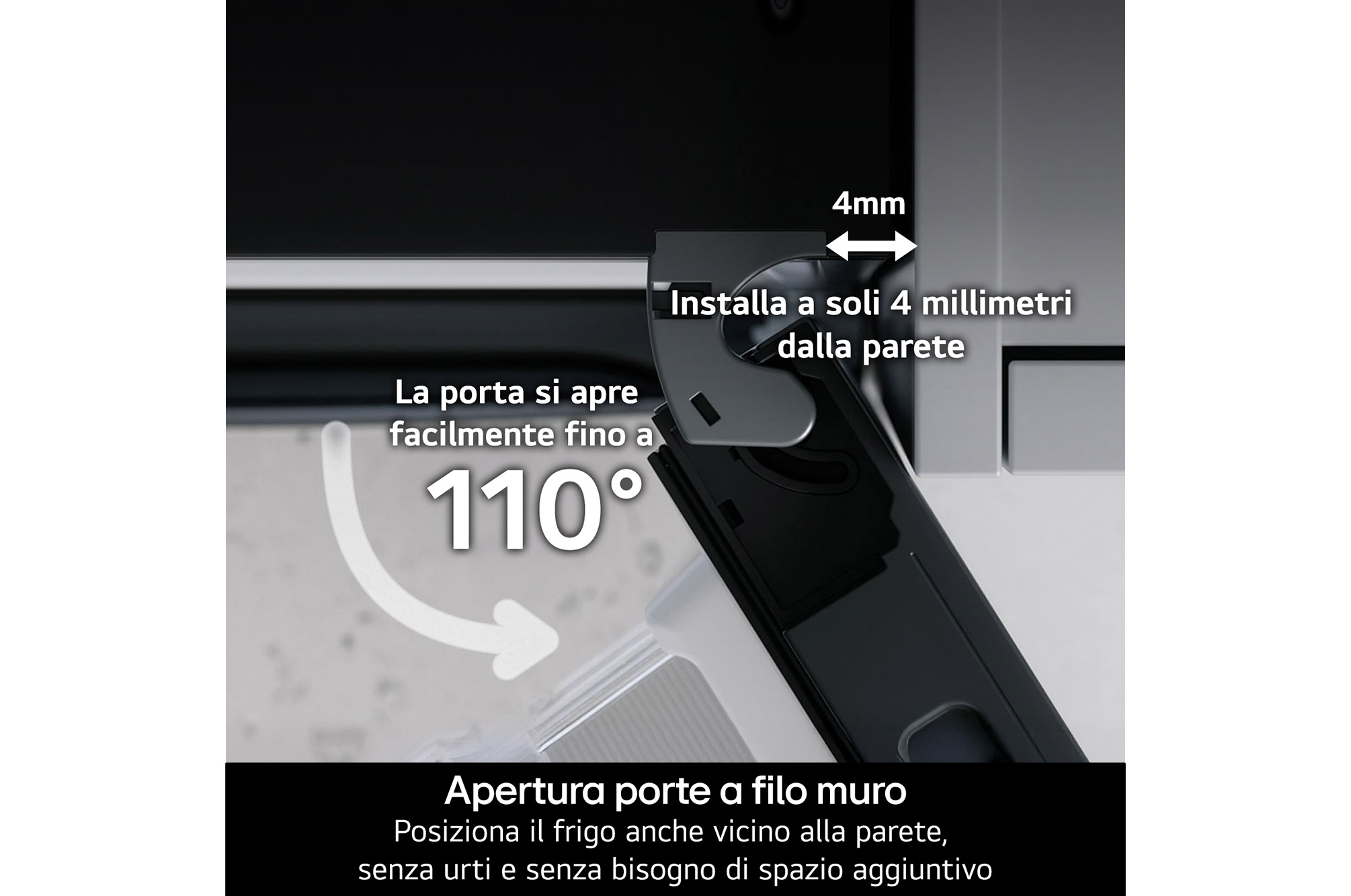 La porta si apre a 110°, a 4mm dal muro. Installazione a filo.