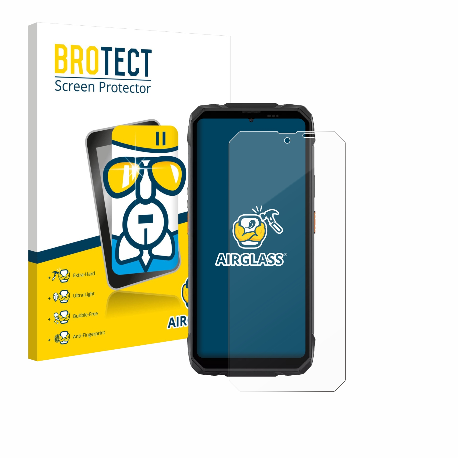 BROTECT Displayschutzfolie mit Handy und Verpackung auf weißem Hintergrund.