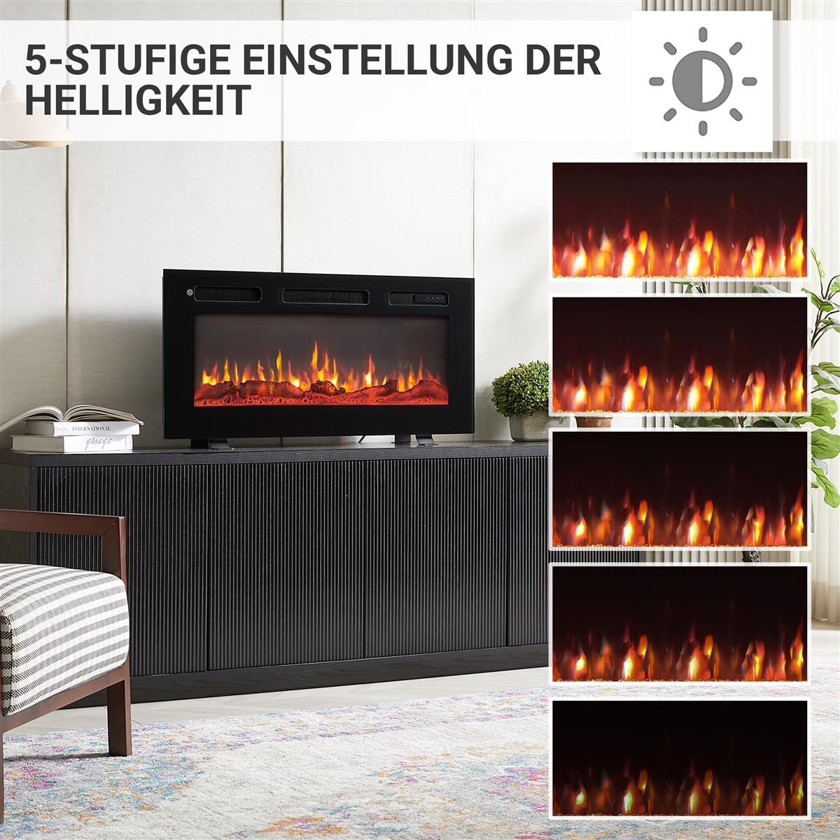 Elektrischer Kamin mit 5 Helligkeitsstufen, Flammenanzeige.