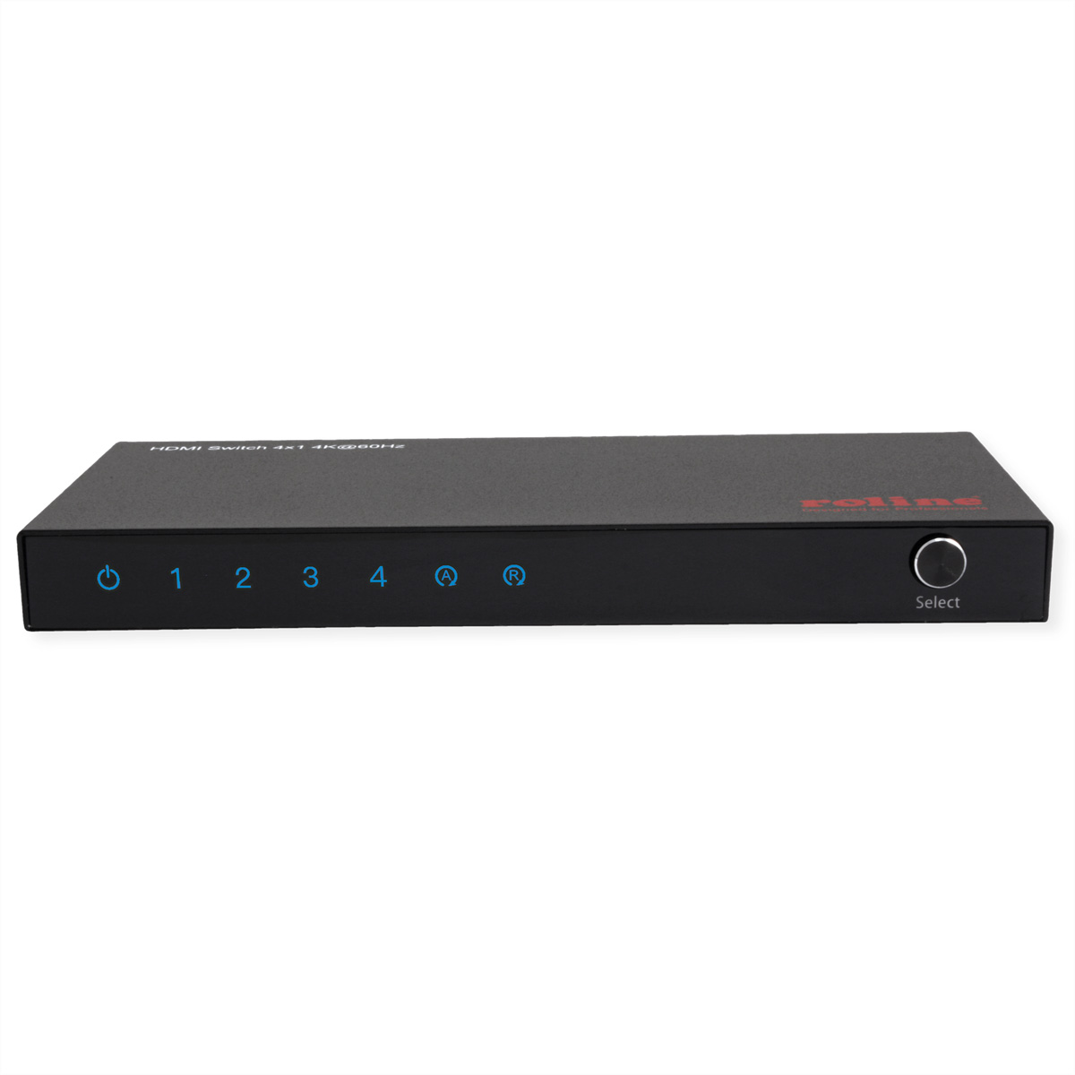 Commutateur HDMI noir 4x1 avec icônes bleues Marche/Arrêt, 1-4, A, R et bouton Sélection.