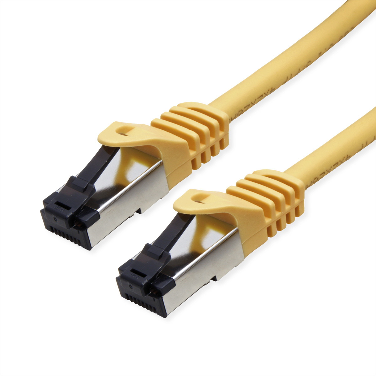 Twee gele netwerkkabels met zilveren connectoren op witte achtergrond.