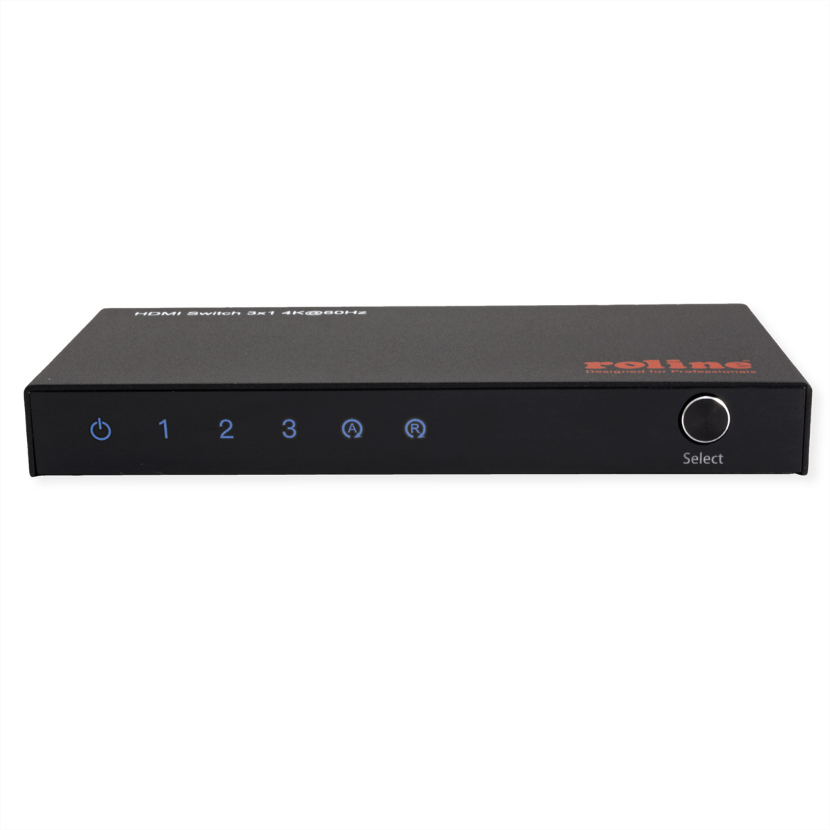 Schwarzer HDMI Switch mit 3 Eingängen und 1 Ausgang, 4K@60Hz, mit Tasten und LED-Anzeigen.