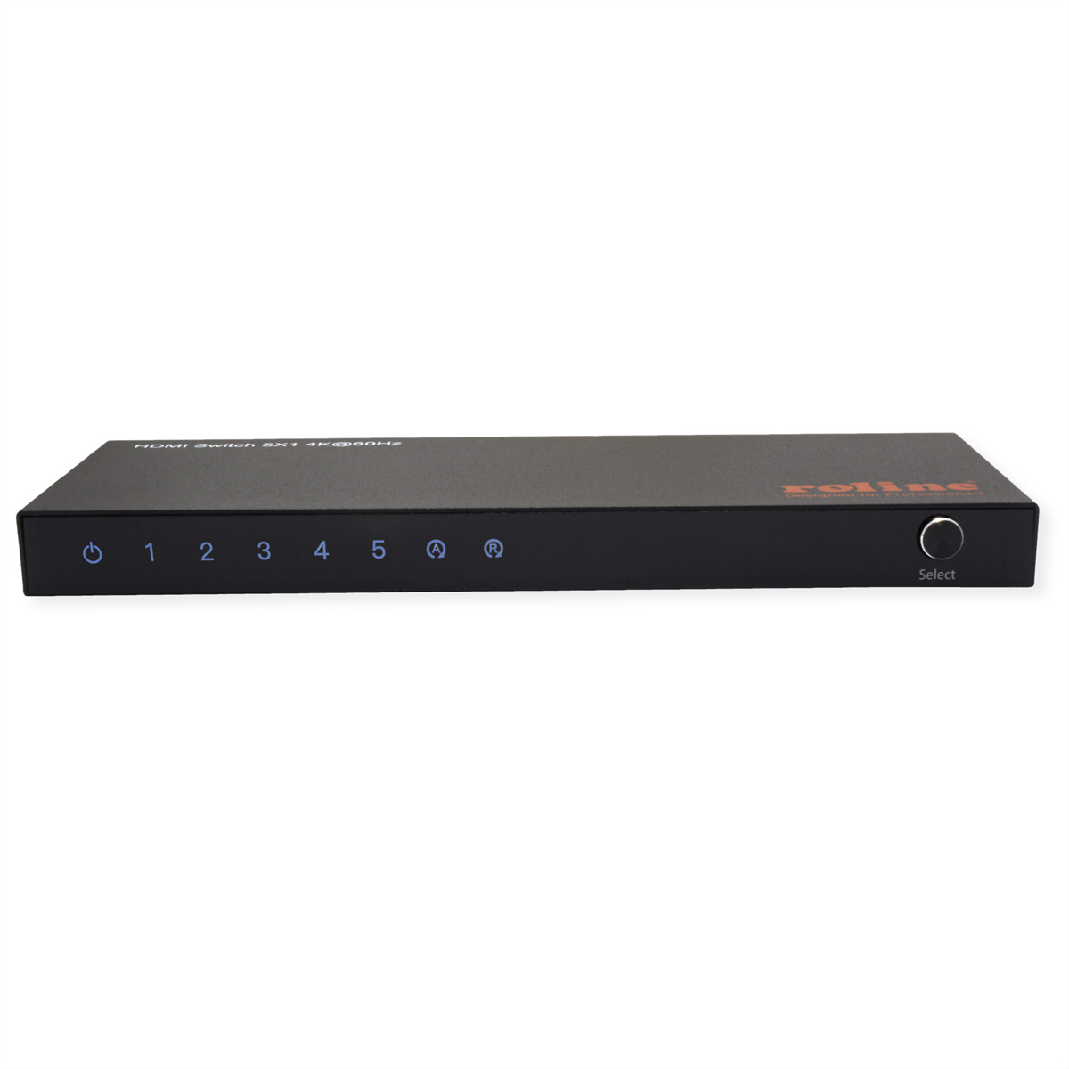 Commutateur HDMI noir 5 entrées avec étiquettes : alimentation, 1-5, A, R et Select.