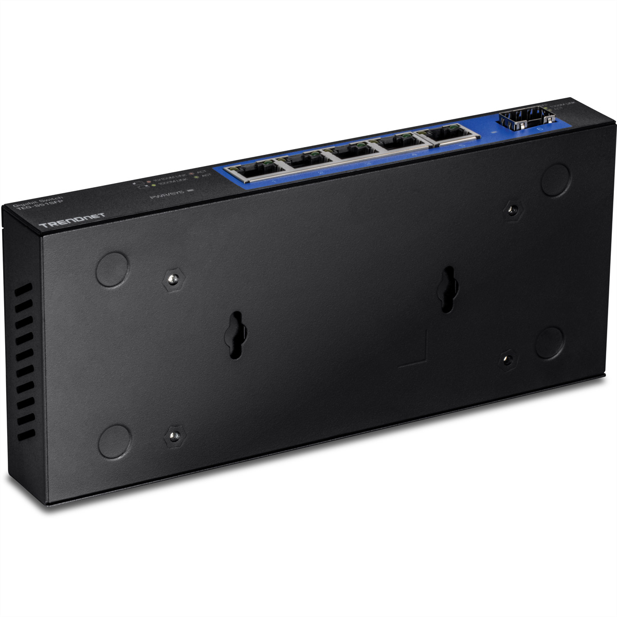 Ein schwarzer Netzwerk-Switch mit mehreren blauen Ethernet-Ports und einem SFP-Port.