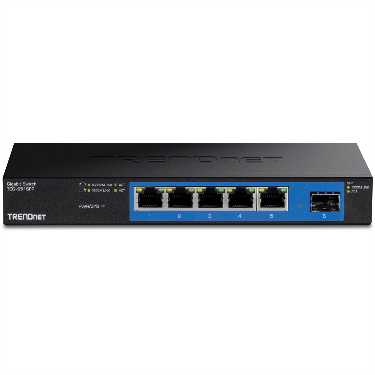 Ein schwarzer 6-Port-Gigabit-Switch mit RJ45-Anschlüssen und einem SFP-Port.
