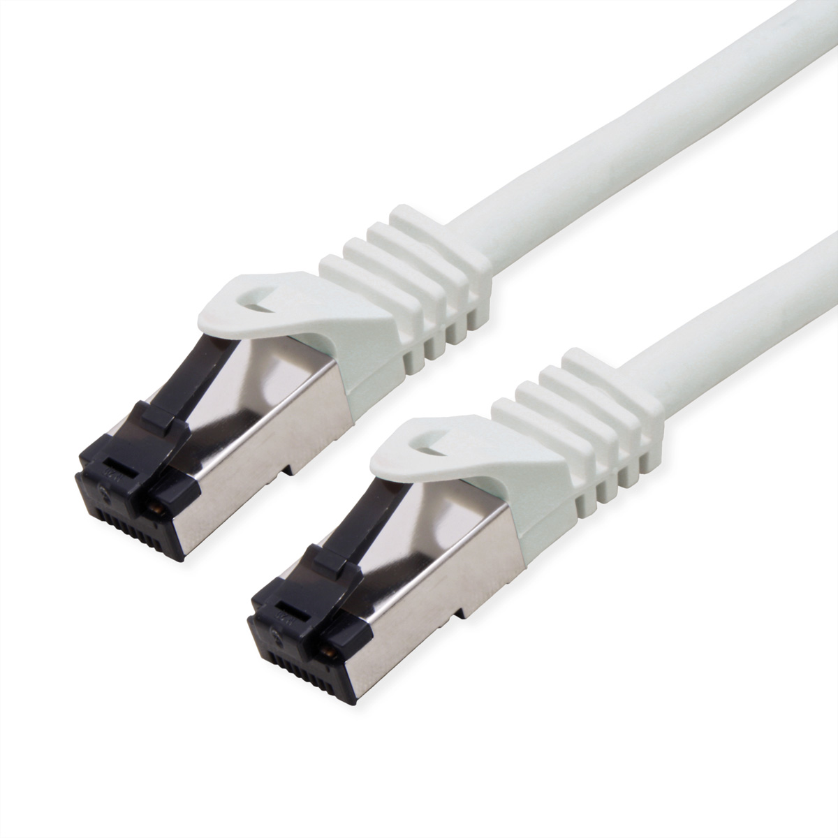 Twee witte netwerkkabels met zilveren connectoren en zwarte inzetstukken.