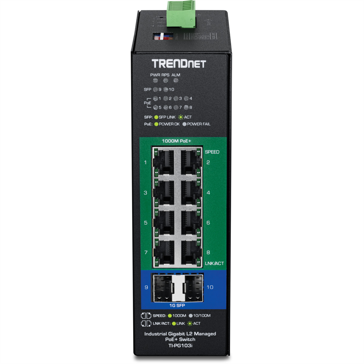 Uno switch di rete nero con 10 porte, 8 PoE+ RJ45 e 2 SFP. Etichettato TRENDNET.