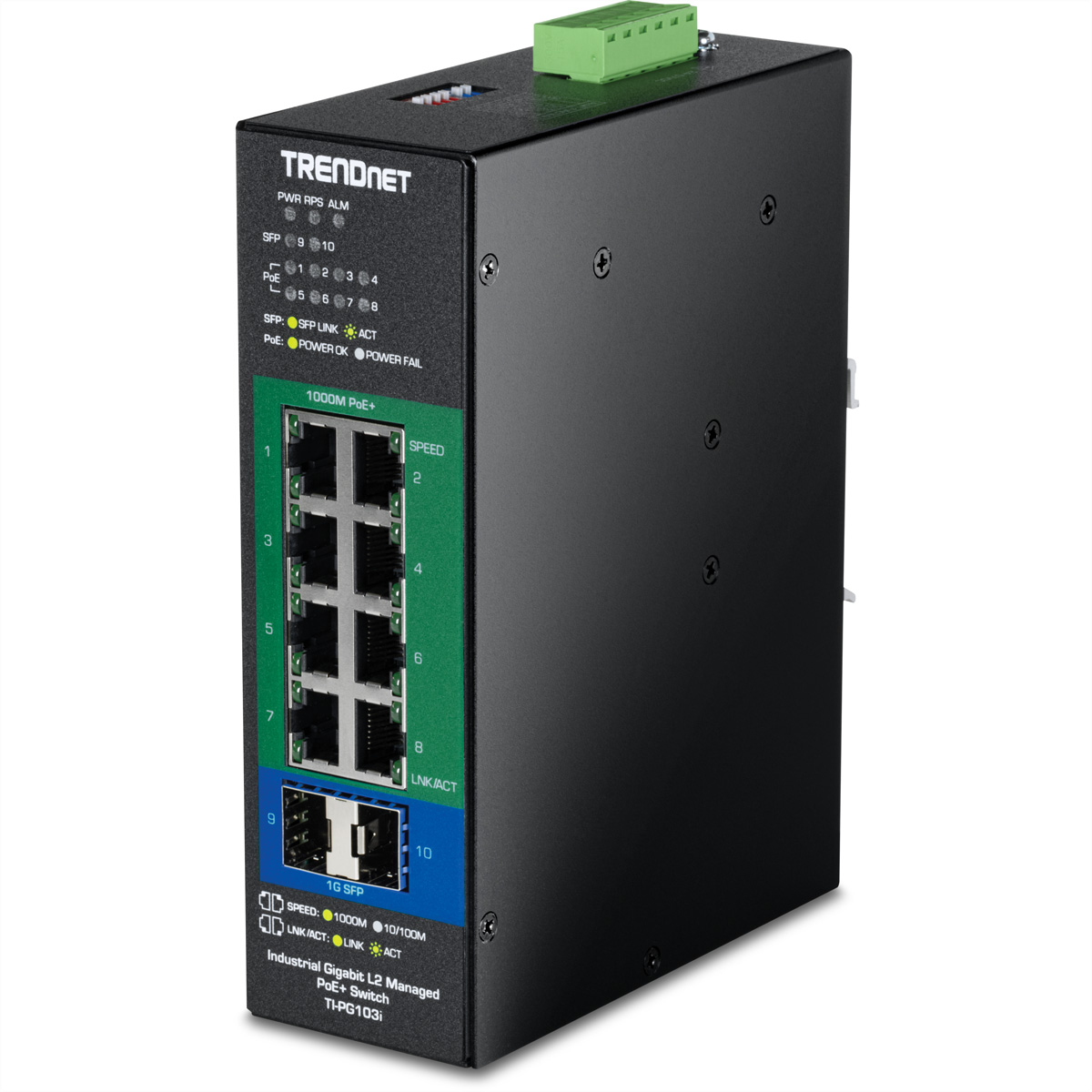 Switch PoE+ Gigabit industriale Trendnet nero con 8 porte Ethernet e 2 porte SFP.