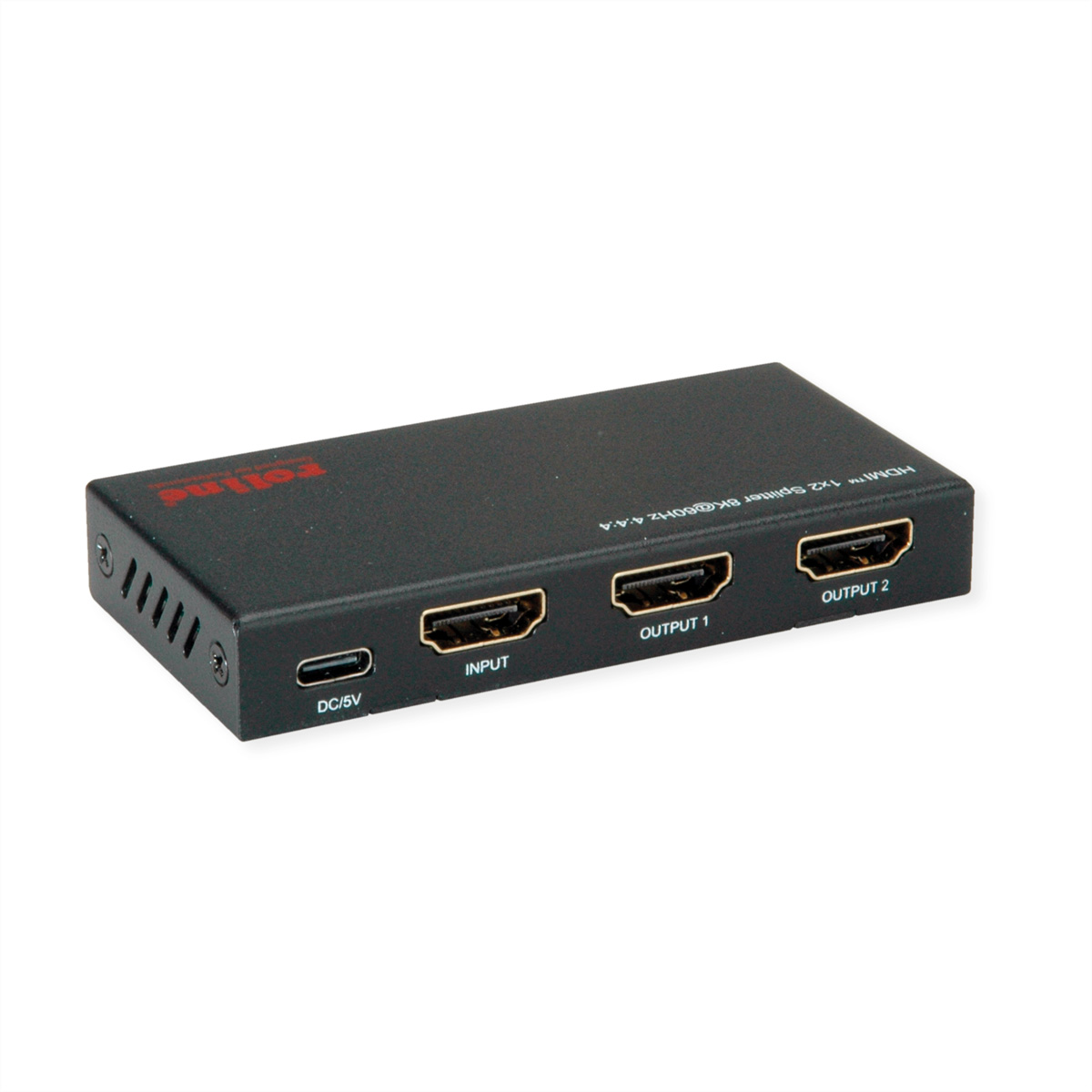 Een zwarte HDMI 1x2 splitter met DC/5V, Invoer, Uitvoer 1 en Uitvoer 2.
