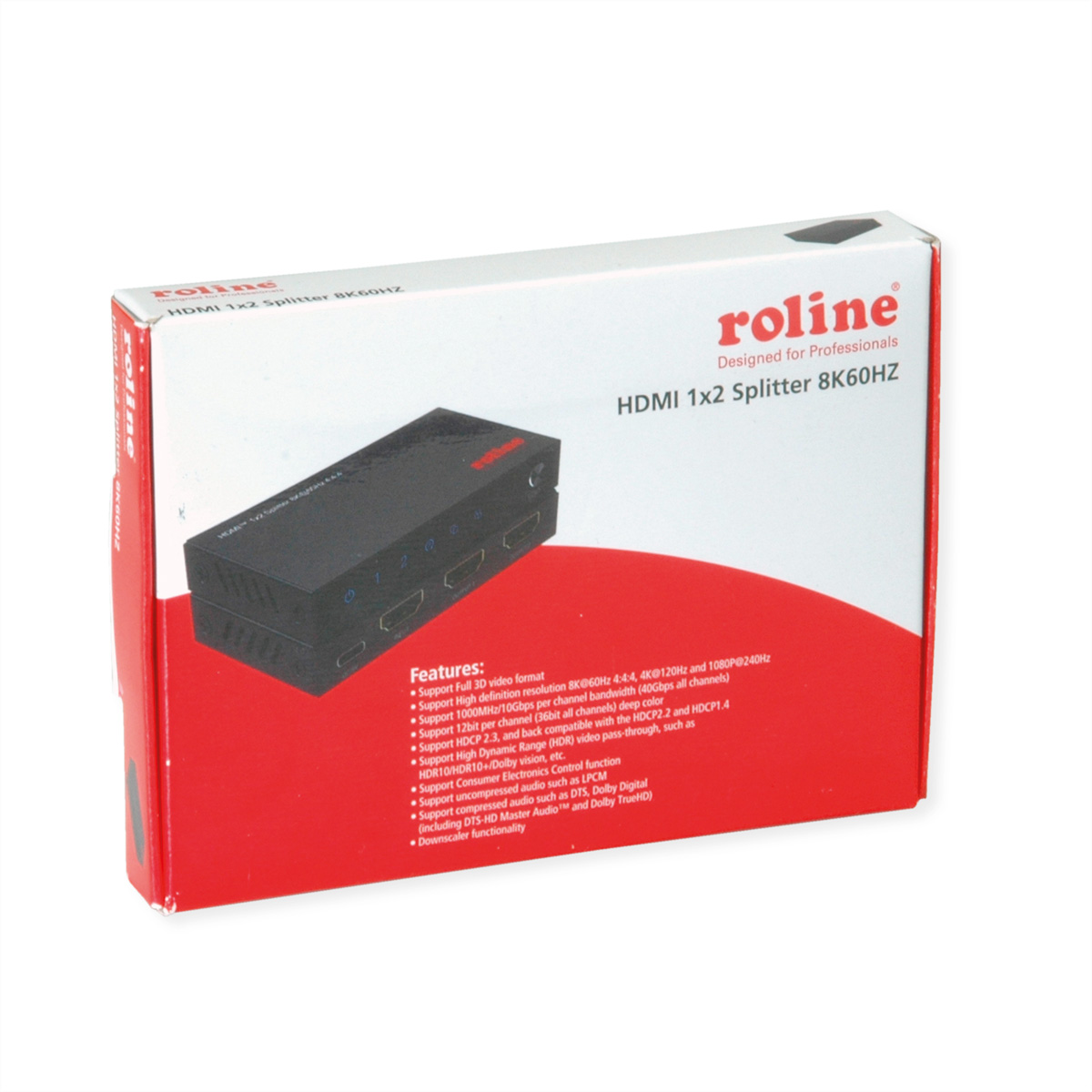 Roline HDMI 1x2 Splitter 8K60HZ verpakking met productafbeelding.