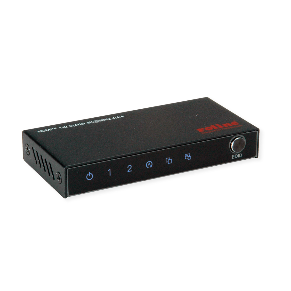 Zwarte HDMI 1x2 splitter voor 8K@60Hz 4:4:4, met LED's en EDID-schakelaar.