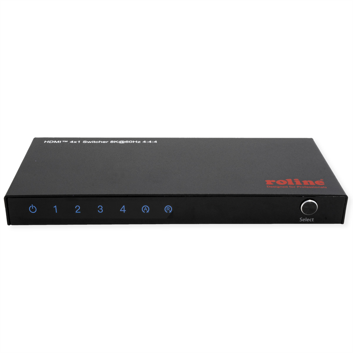 A black HDMI 4x1 switcher with labels and a select button.