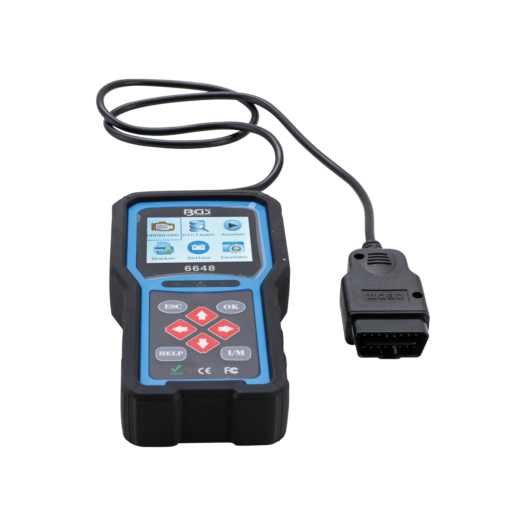 Ein blauer Diagnose-Scanner mit Kabel und OBDII-Stecker auf weißem Hintergrund.