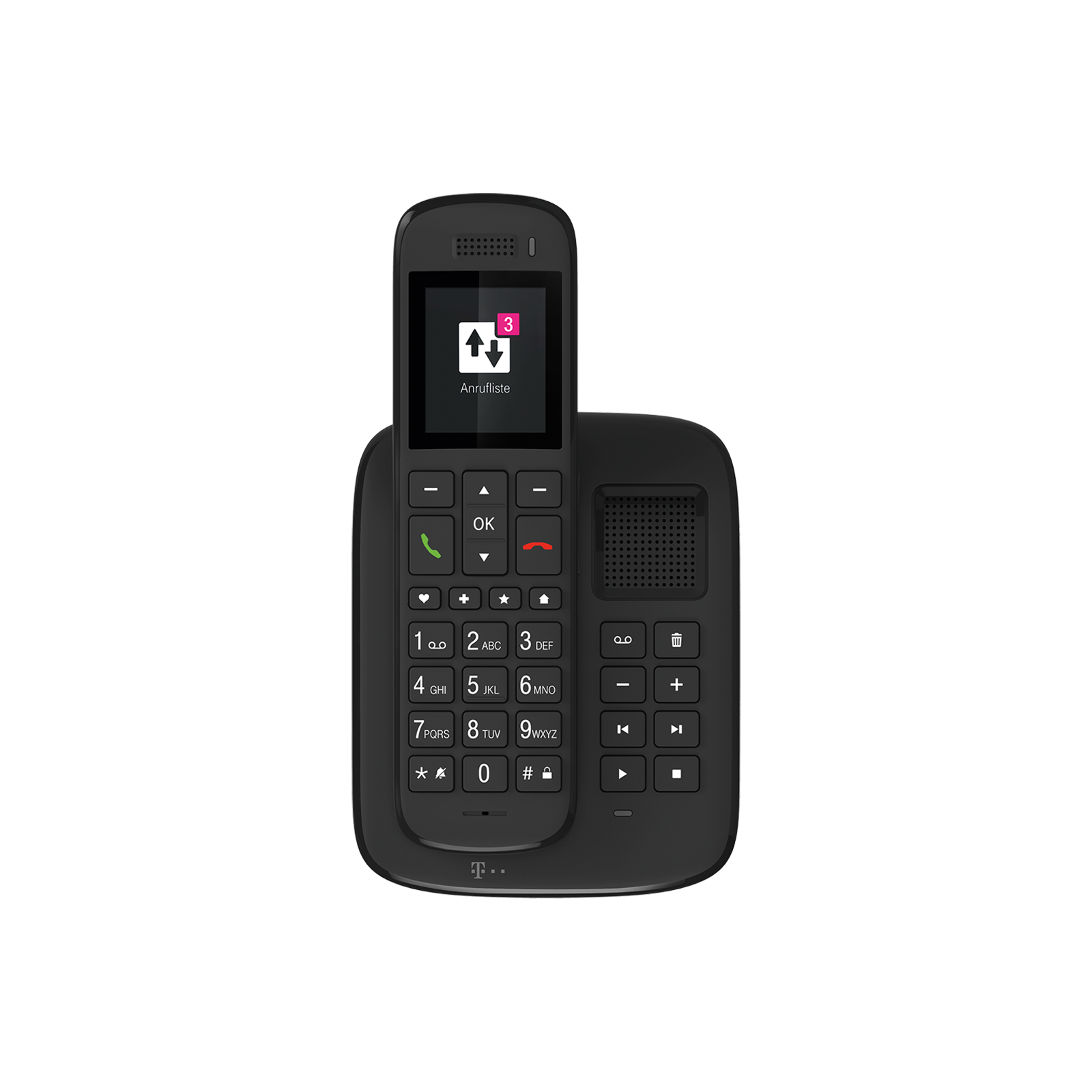 Un téléphone sans fil noir avec logo T-Mobile. L'écran affiche une liste d'appels.