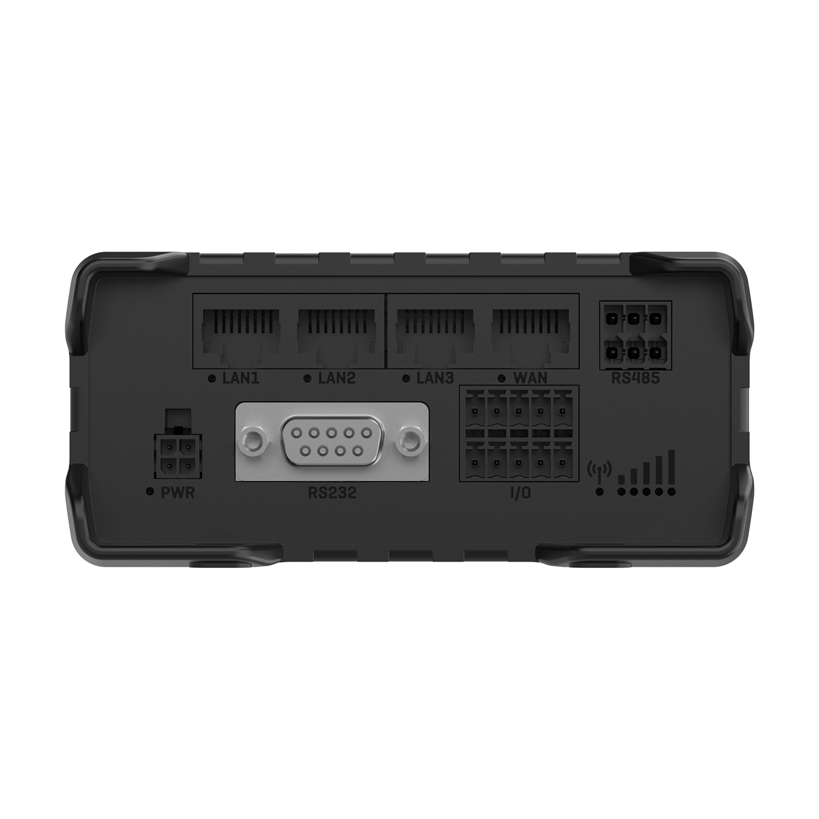 Arrière d'un routeur noir avec ports LAN, WAN, RS232, E/S et RS485.