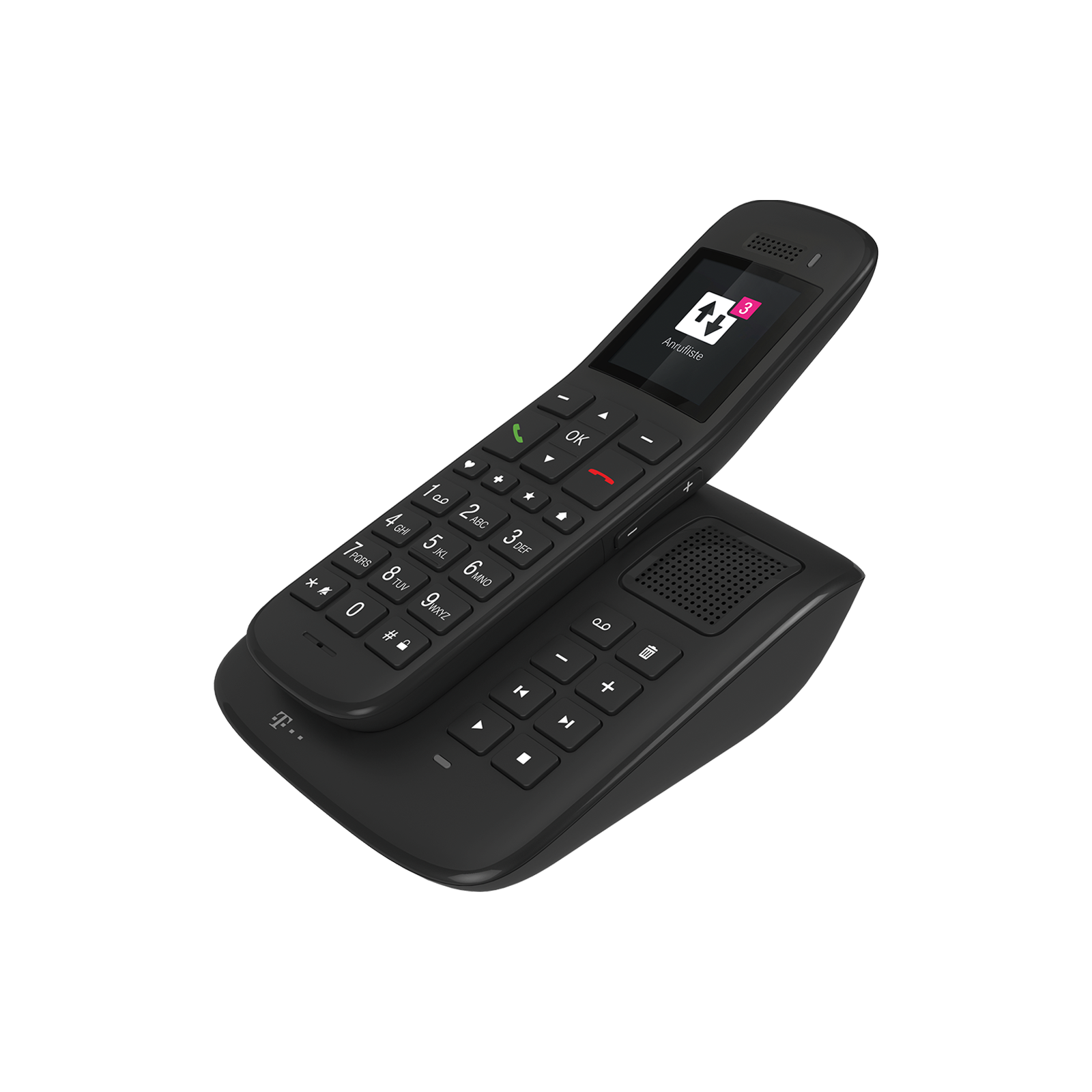 Un téléphone sans fil noir avec clavier et écran. Il repose sur sa base.