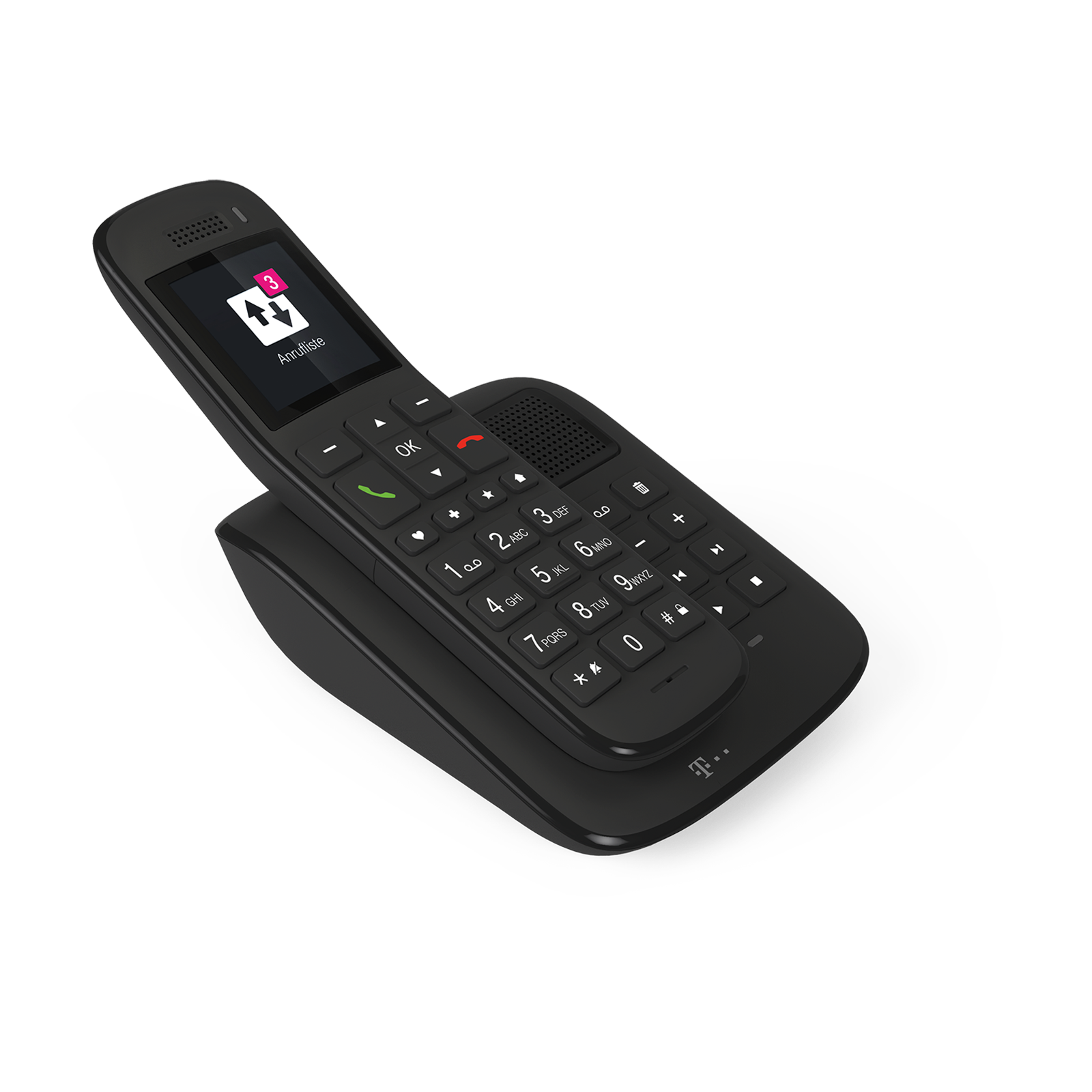 Un téléphone sans fil noir avec logo T-Mobile est sur sa station de charge.
