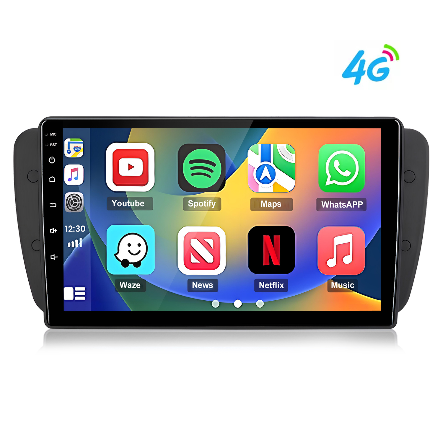Ein Autoradio-Display mit App-Icons: YouTube, Spotify, Maps, WhatsApp, Waze, News, Netflix, Musik.
