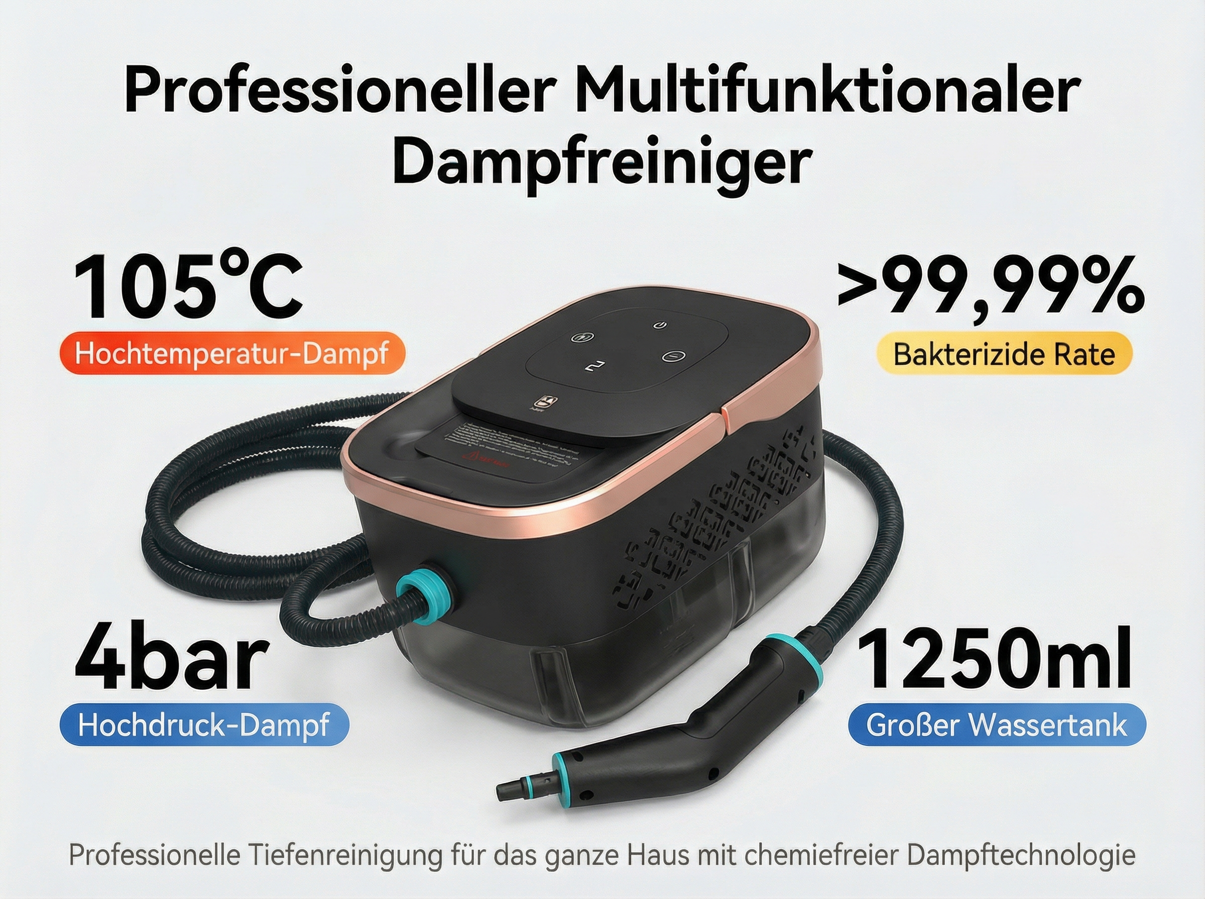 Professioneller Dampfreiniger mit 105°C, 4bar, 1250ml Tank und <gt/>99,99% Bakterizidrate.