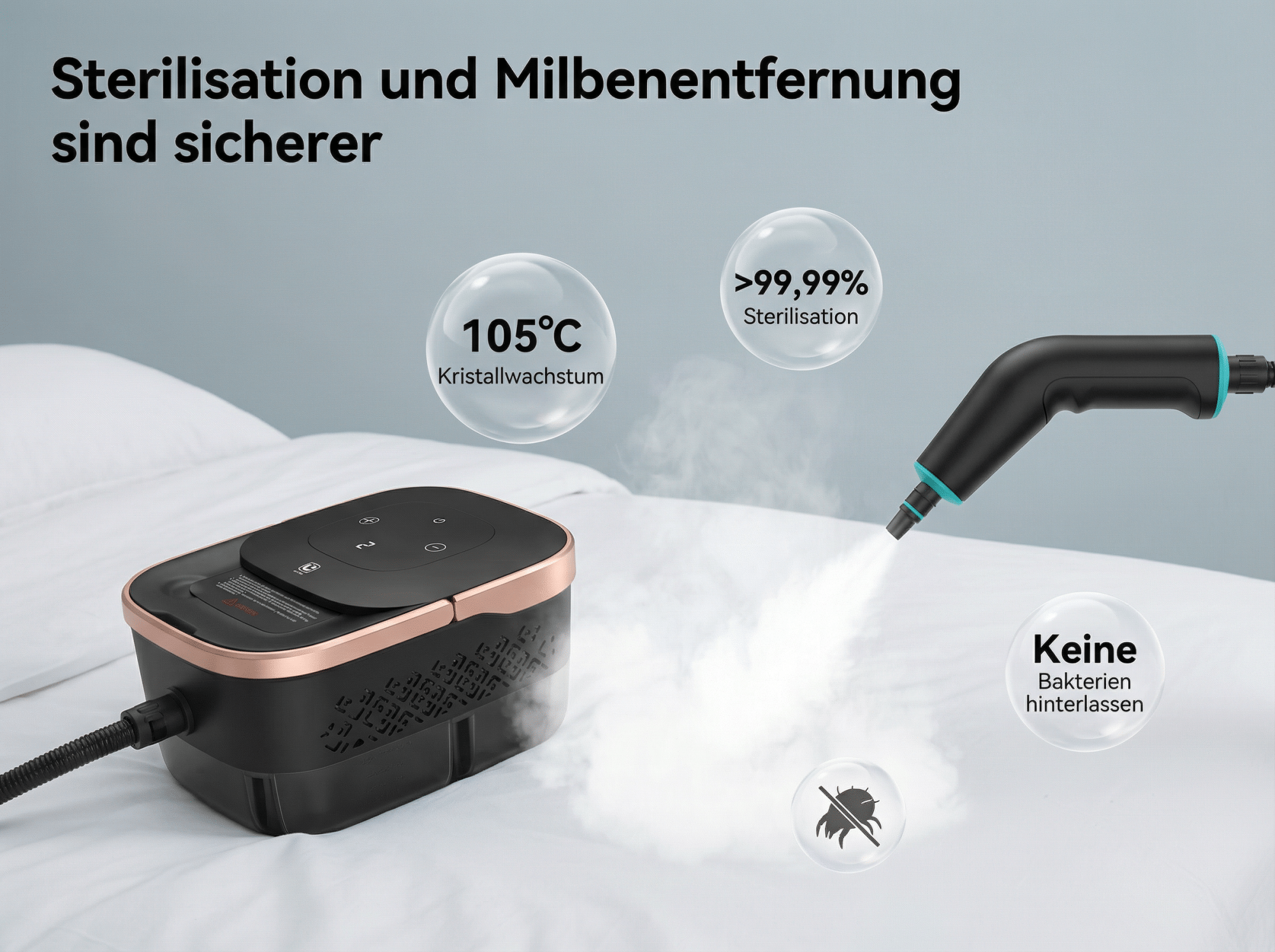 Dampfreiniger auf Bettwäsche, sterilisiert 99,99% der Bakterien.