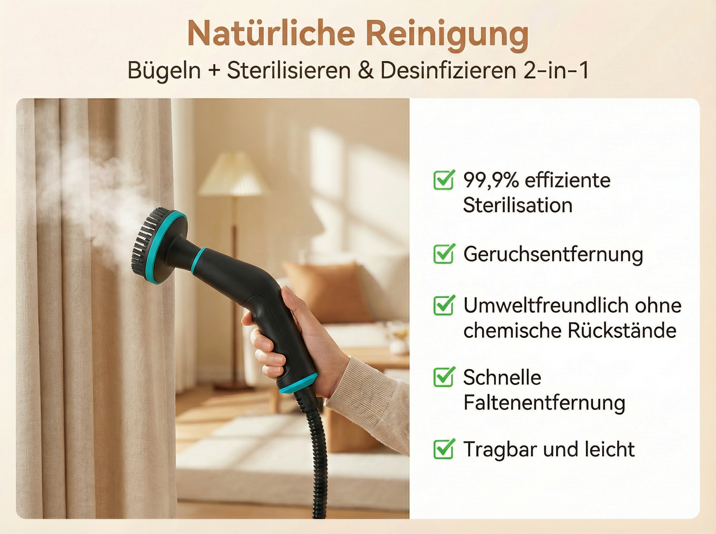 Hand hält Dampfreiniger, der auf einen beigen Vorhang gerichtet ist. Dampf steigt auf.