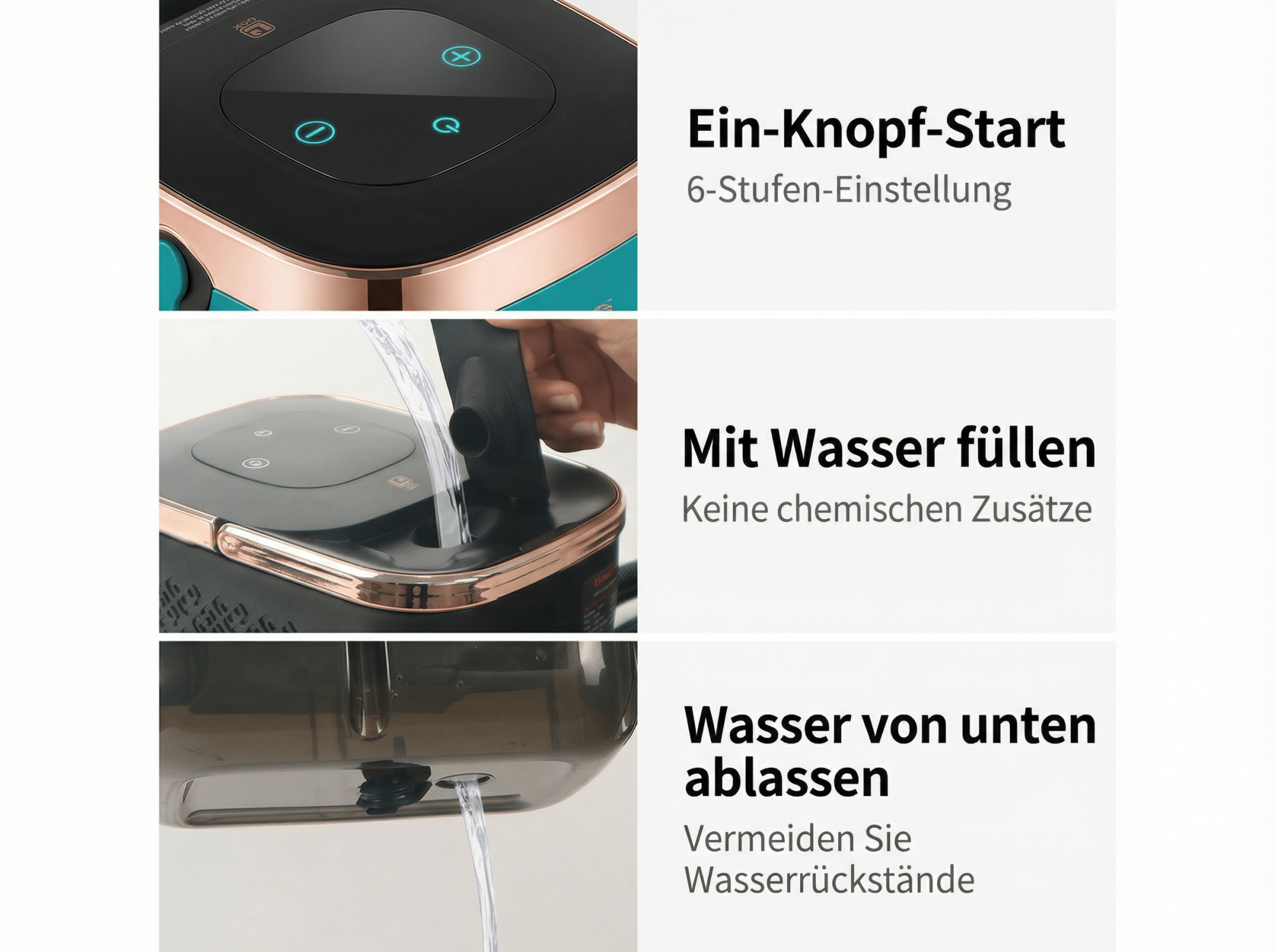 Bedienfeld mit Tasten, Wasser wird eingefüllt, Wasser fließt ab.