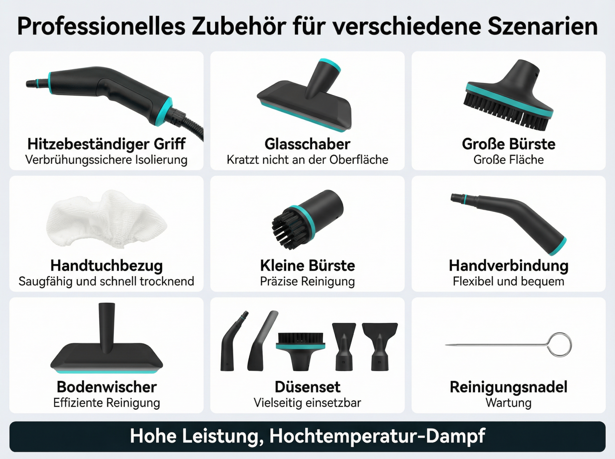 Dampfreiniger-Zubehör: Griff, Schaber, Bürsten, Bezug, Wischer, Düsen, Nadel.