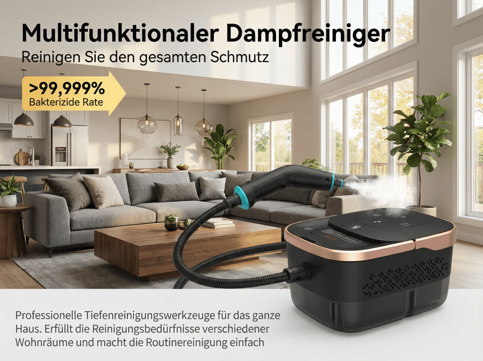 Ein Dampfreiniger mit Schlauch und Aufsatz in einem Wohnzimmer mit Sofa und Kamin.