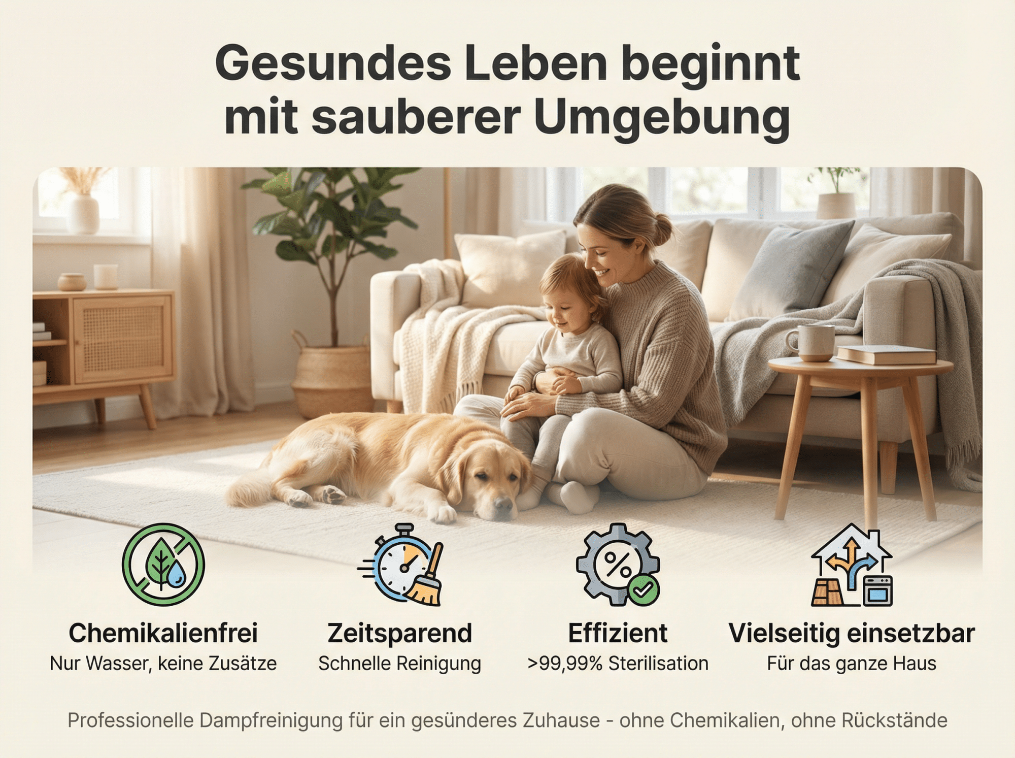 Frau mit Kind und Hund im Wohnzimmer. Symbole für Reinigung.
