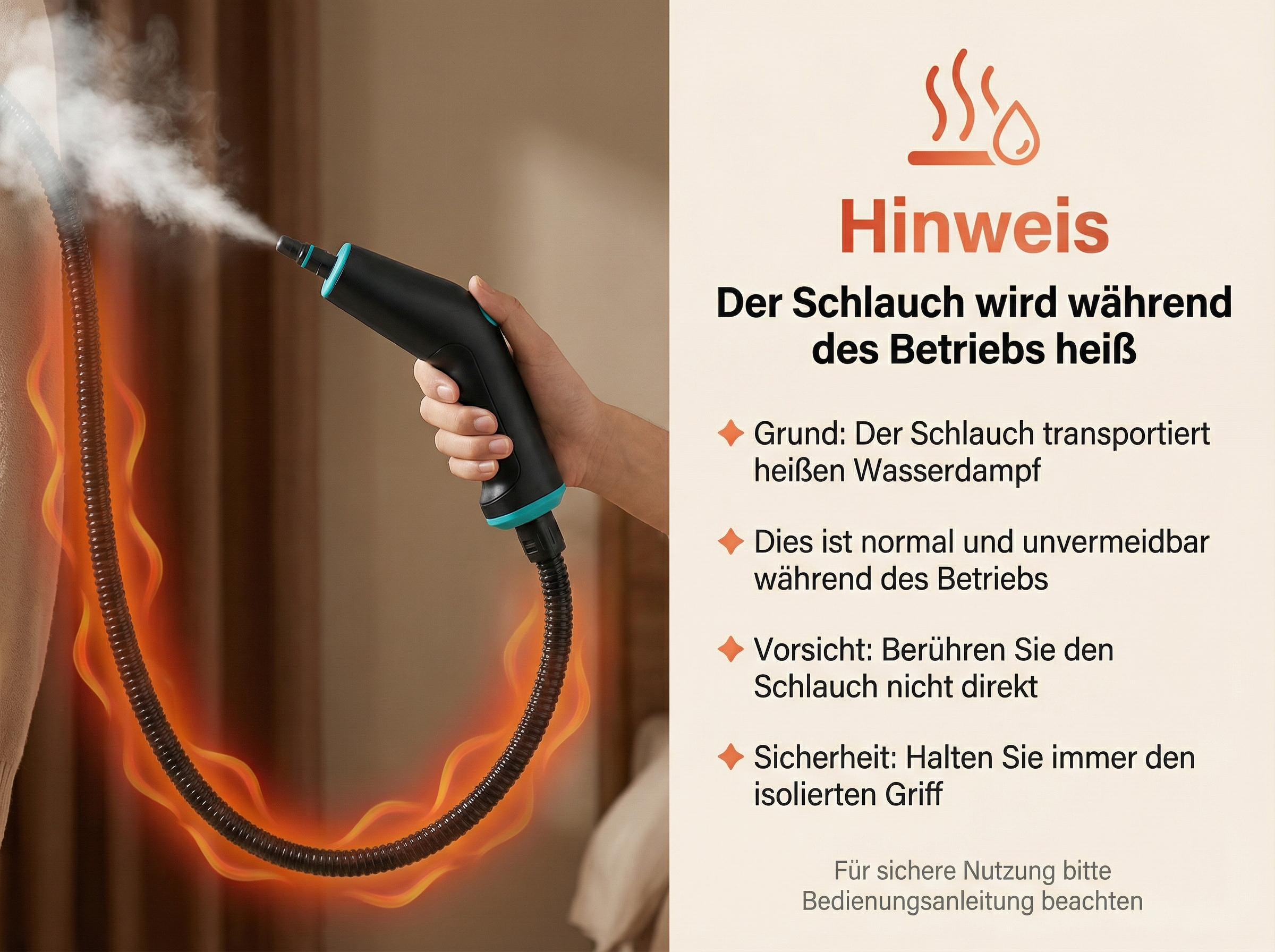 Ein Schlauch wird von einer Hand gehalten, Dampf tritt aus.