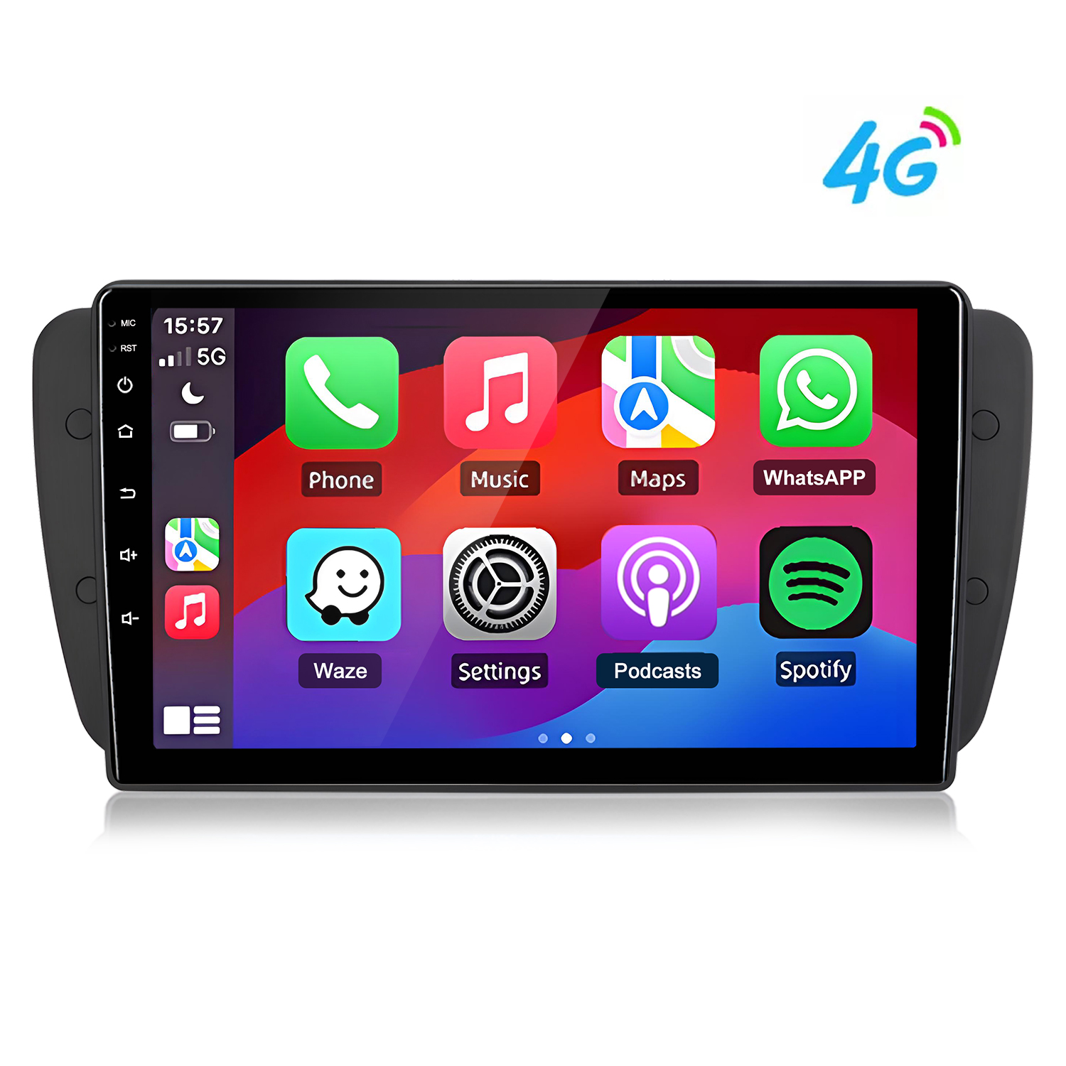 Schermo autoradio mostra icone app: Telefono, Musica, Mappe, WhatsApp, Waze, Impostazioni, Podcast, Spotify.