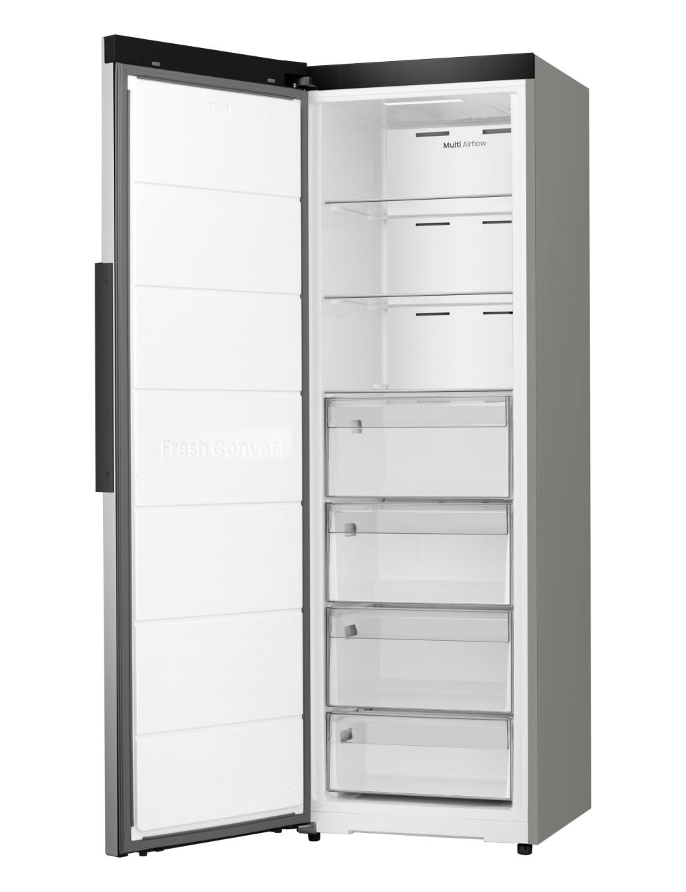 Refrigerador blanco abierto con cuatro cajones y tecnología Multi Airflow.
