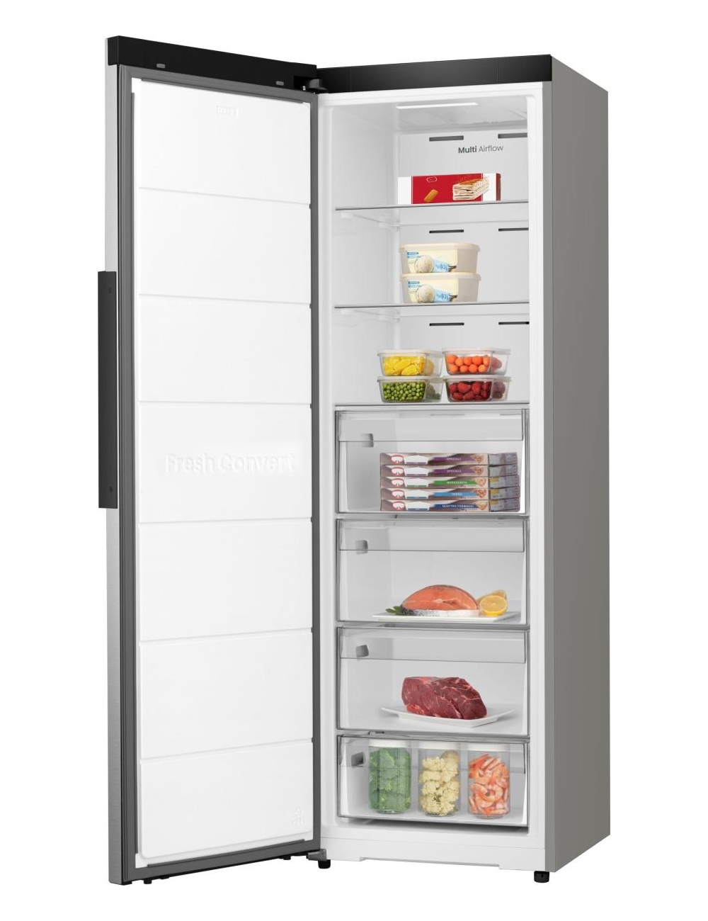 Un refrigerador abierto que muestra alimentos como pescado, carne y verduras.