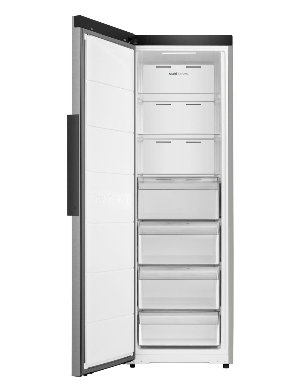 Un refrigerador vacío con la puerta abierta, mostrando varios cajones transparentes.