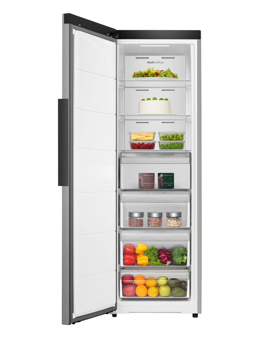 Un refrigerador abierto con comida en varios estantes.