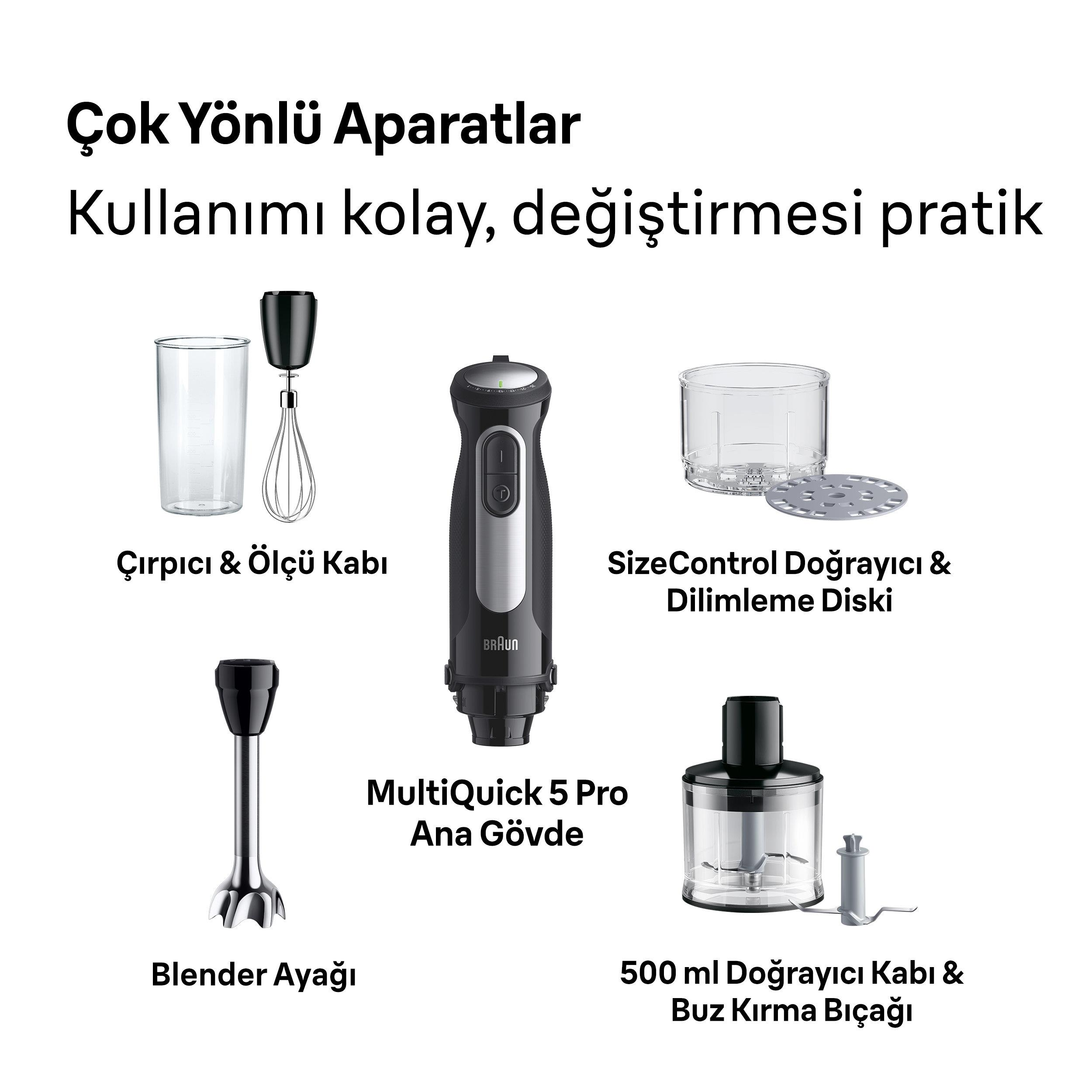 Çok yönlü aparatlar: Ölçü kabı, çırpıcı, blender ayağı, ana gövde, doğrayıcı.