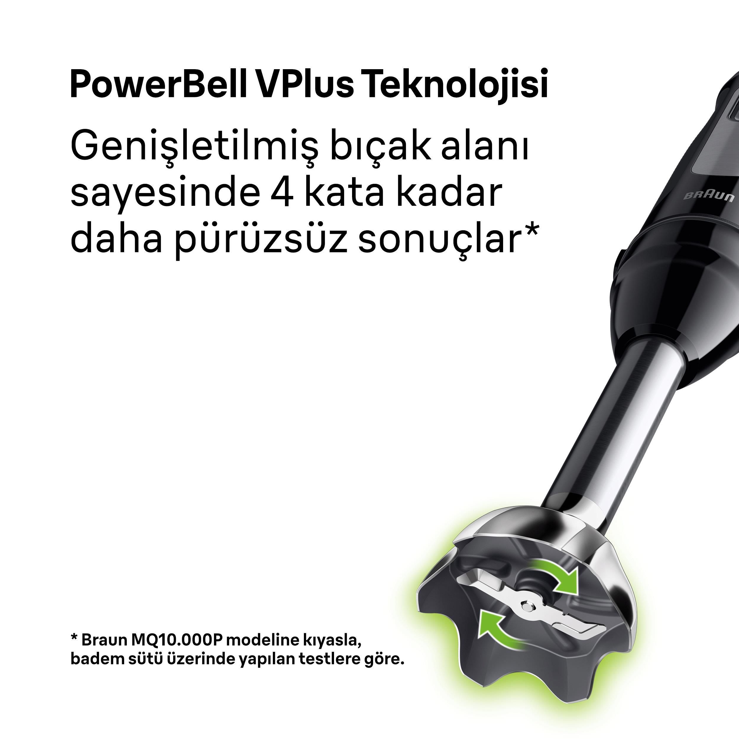 Zbliżenie czarnego blendera ręcznego z technologią PowerBell VPlus i ostrzami.