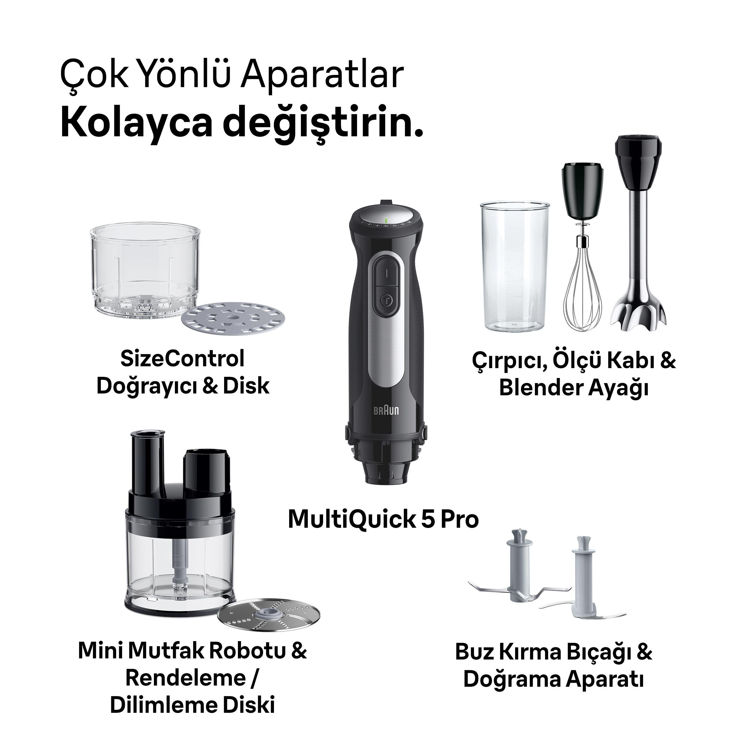 Blender ręczny z akcesoriami: siekacz, miarka, trzepaczka, kruszarka do lodu.