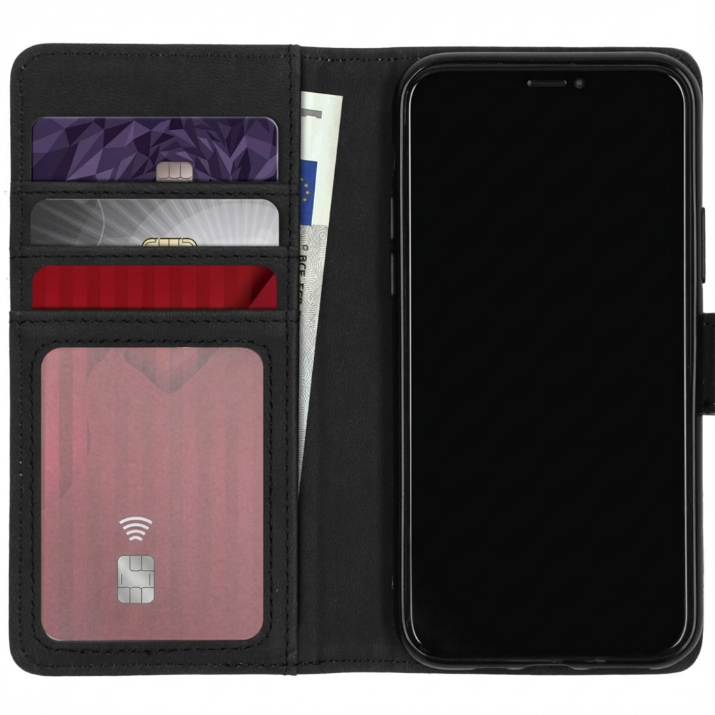 Étui de téléphone noir avec fentes pour cartes, un billet et un smartphone.