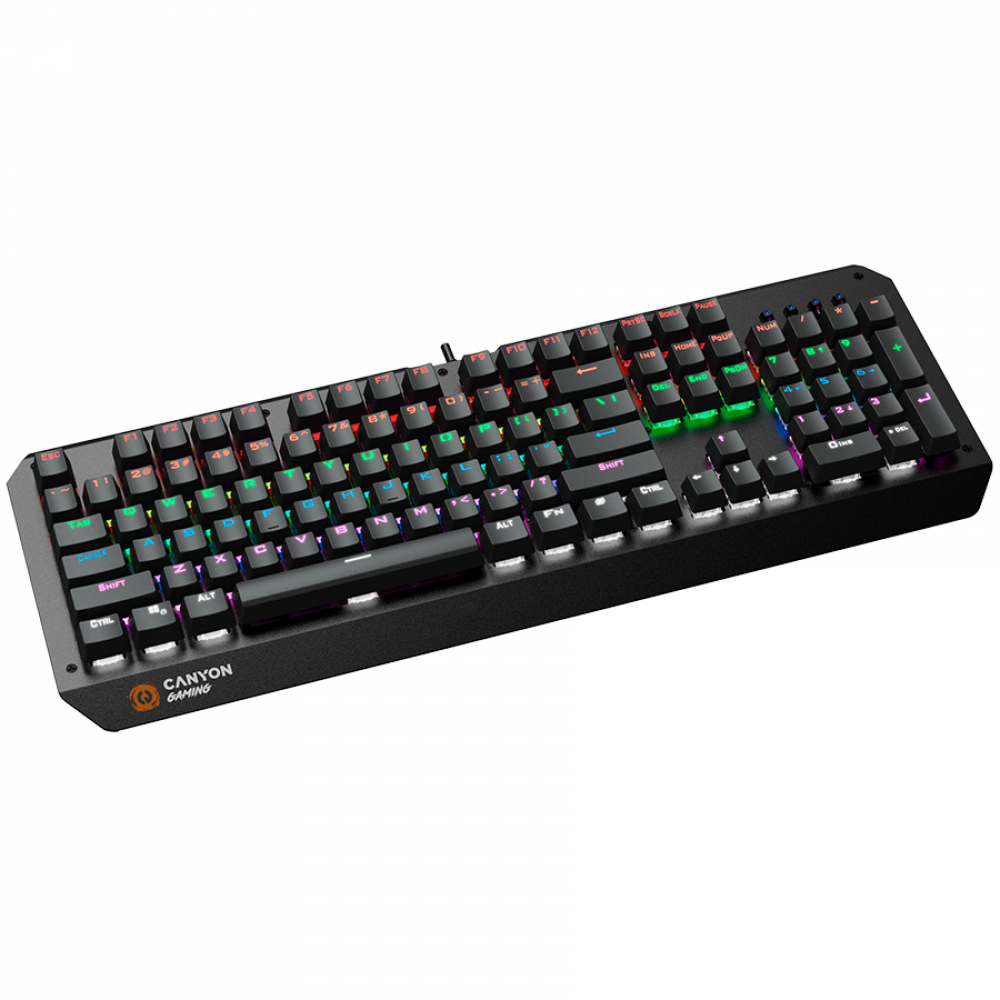Tastiera nera con retroilluminazione RGB colorata e logo Canyon Gaming.