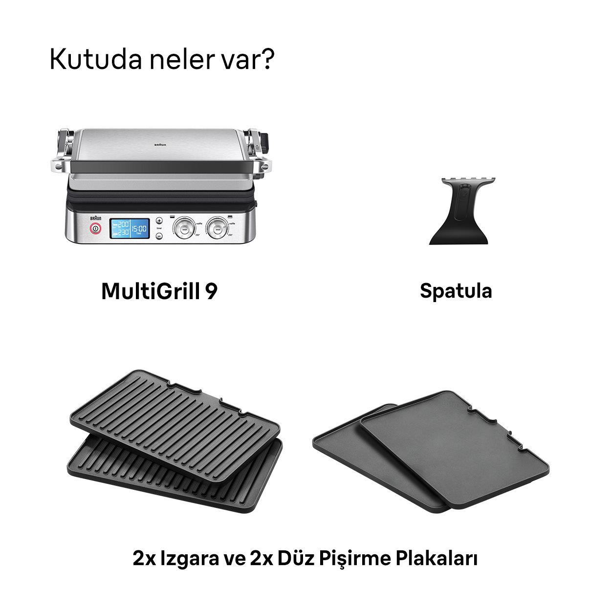 Ein Elektrogrill mit Zubehör: Spatel, Grillplatten und flache Platten.