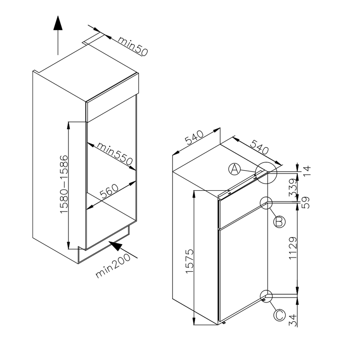 Disegno tecnico di un frigorifero con dimensioni e linee guida per l'installazione.
