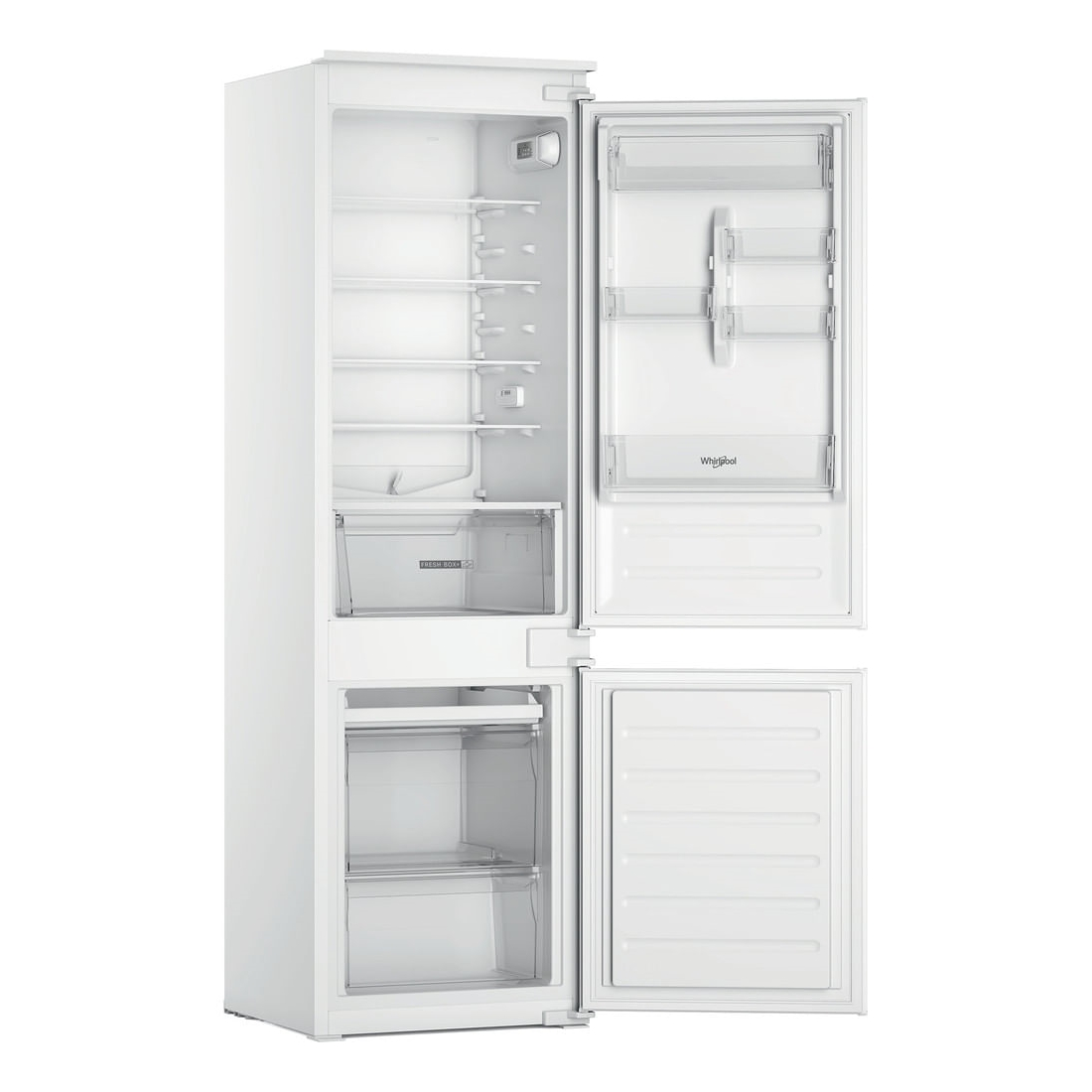 Frigorifero bianco con porte aperte, vuoto. Scomparti frigo e freezer visibili.
