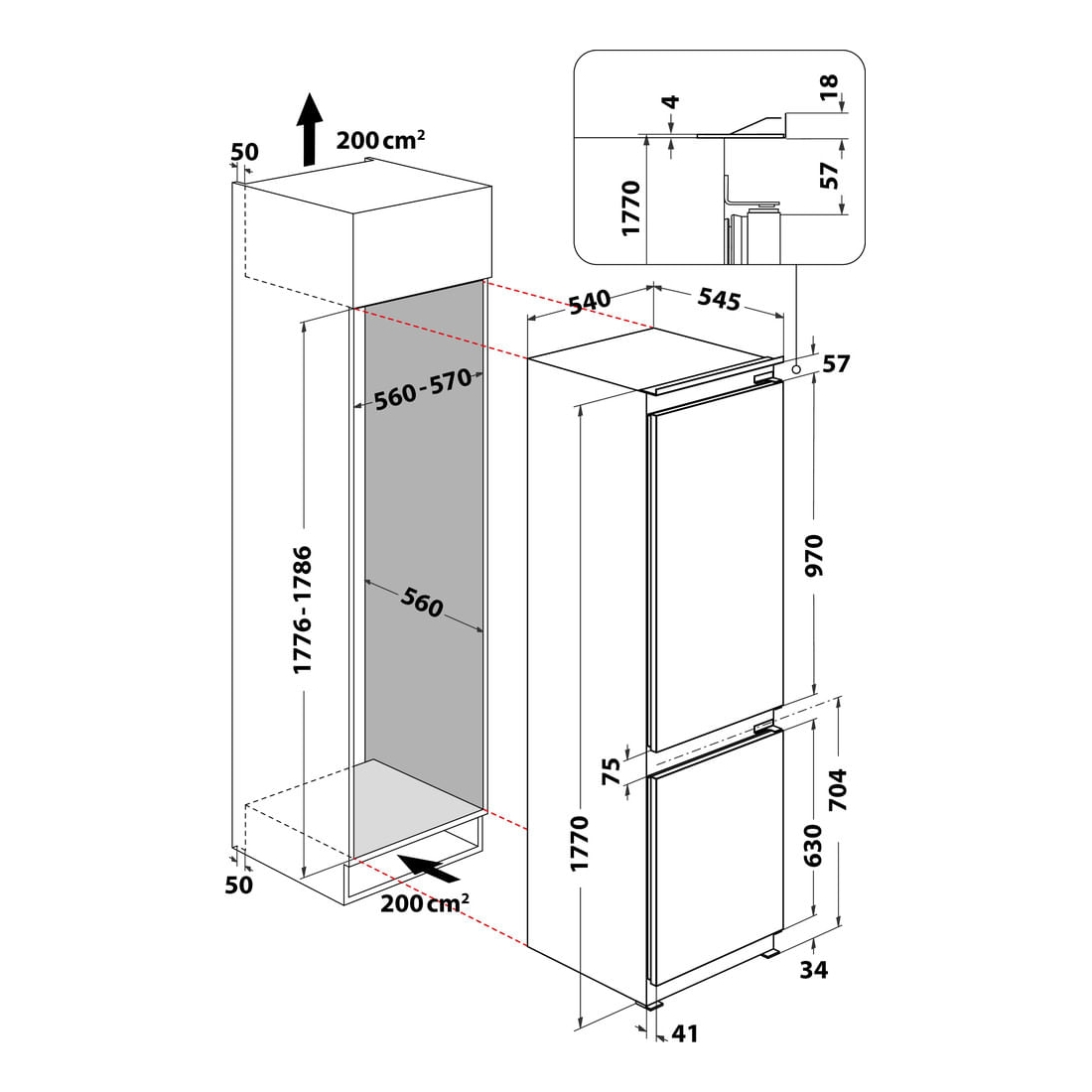 Disegno tecnico di un frigorifero con dimensioni e dettagli.