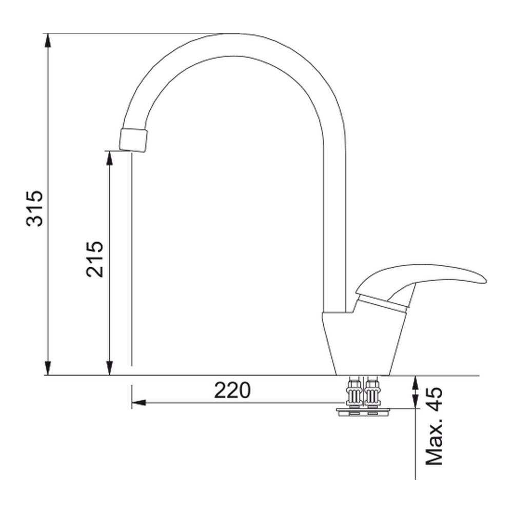 Disegno tecnico di un rubinetto con dimensioni.