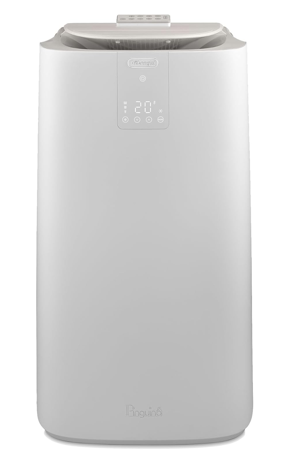 Un condizionatore DeLonghi Pinguino bianco con display digitale che mostra 20 gradi.