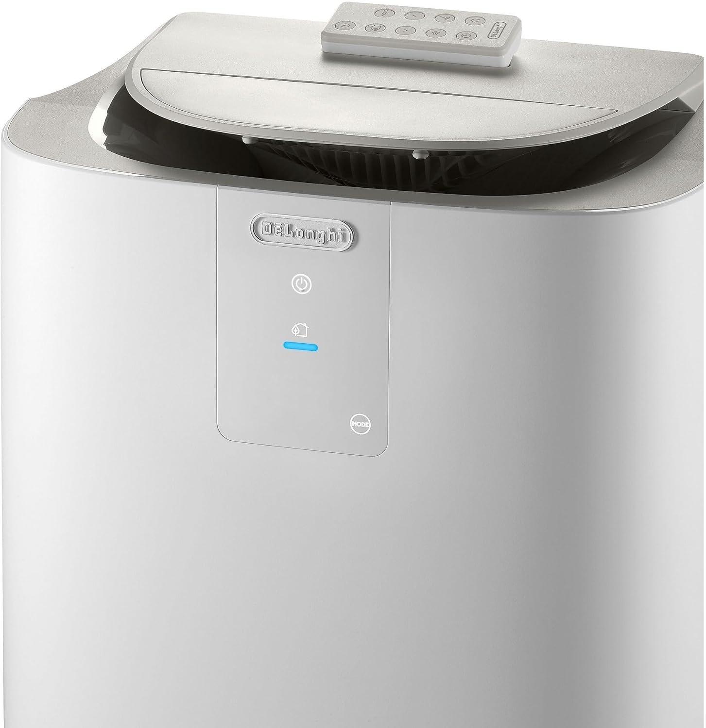 Un purificatore d'aria bianco con logo DeLonghi e telecomando in cima.