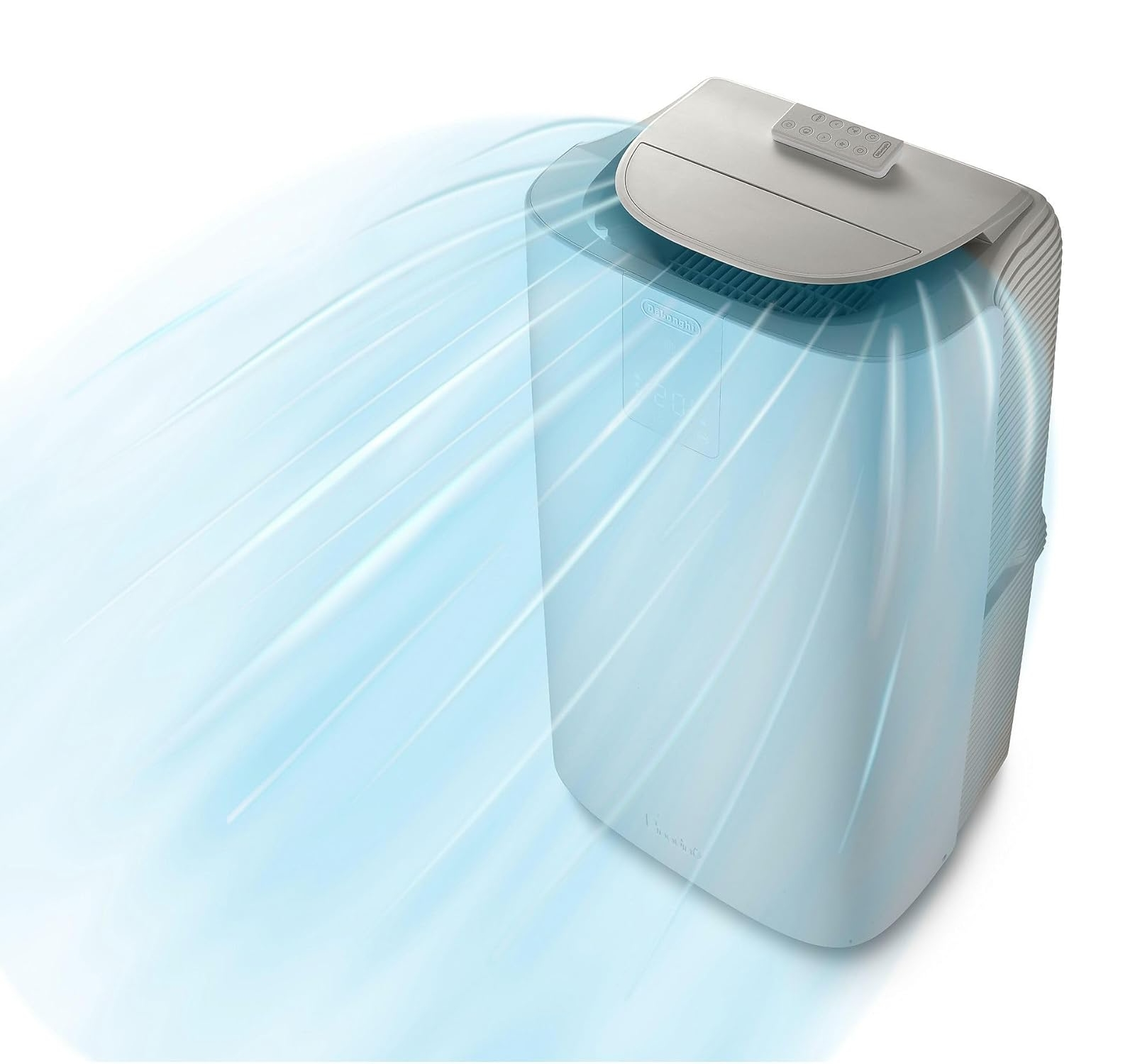 Un condizionatore portatile con linee di flusso d'aria blu.