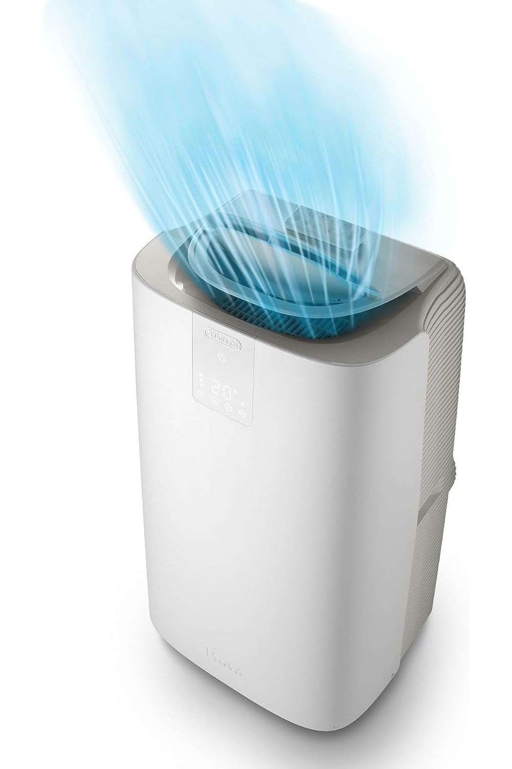 Un purificatore d'aria bianco con linee di flusso d'aria blu che scorrono verso l'alto.
